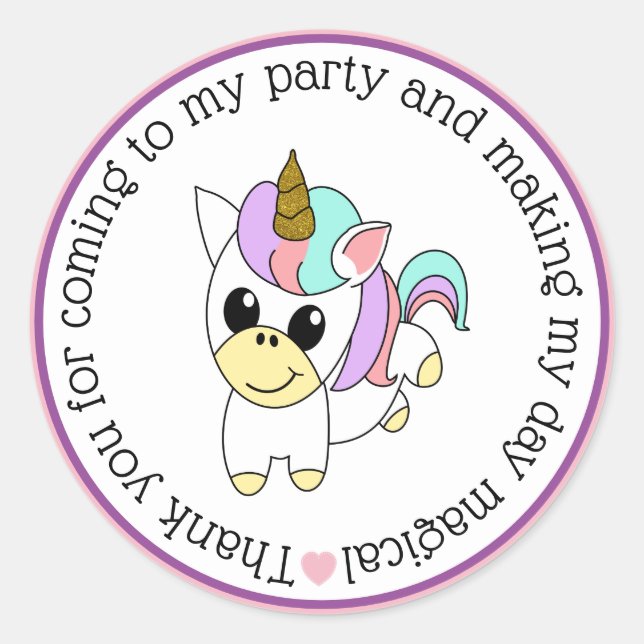 Adesivo Cute Unicorn Obrigado Por Vir Ao Meu Partido (Frente)