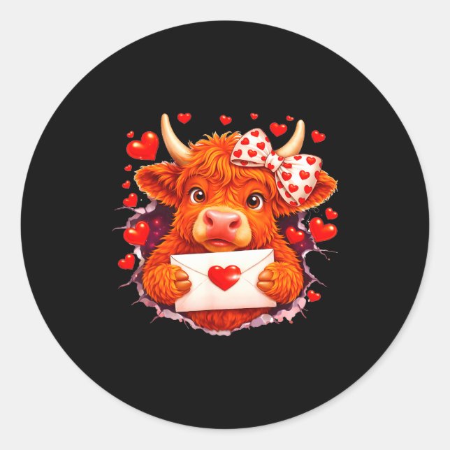 Adesivo Cute Valentine Highland Cow With Heart Bow Western (Frente)