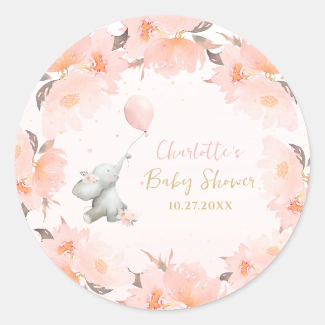 Adesivo Cute Watercolor Elephant Floral Girl Baby Shower (Frente)