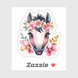 Adesivo Cute Watercolor Horse with Pink Floral Crown Stick