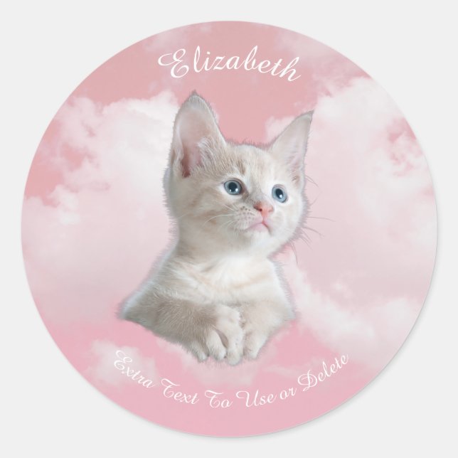 Adesivo Cute White Kitten Rosa Sky Clouds Nome, Texto Extr (Frente)