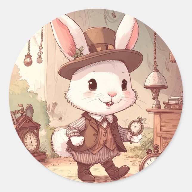 Adesivo Cute White Rabbit Wonderland Whimsical Timekeeper (Frente)