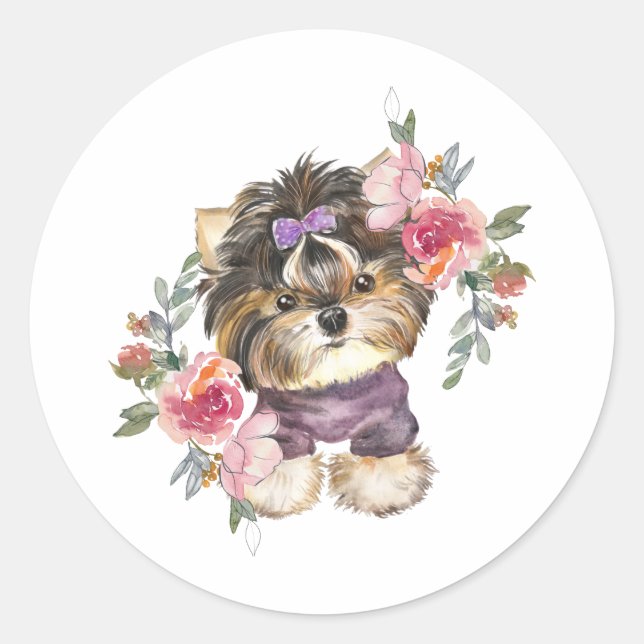 Adesivo Cute Yorkshire Terrier Yorkie e flores (Frente)