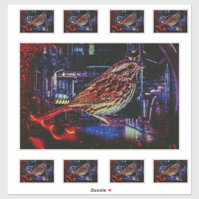 Adesivo Cyberpunk Sparrow in Neon Cityscape (Folha)