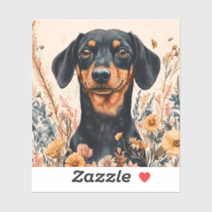 Adesivo Dachshund Bonito com Pintura de Flores Selvagens