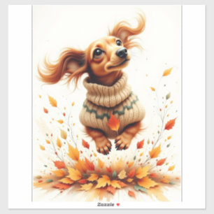 Adesivo Dachshund brincando nas folhas do outono