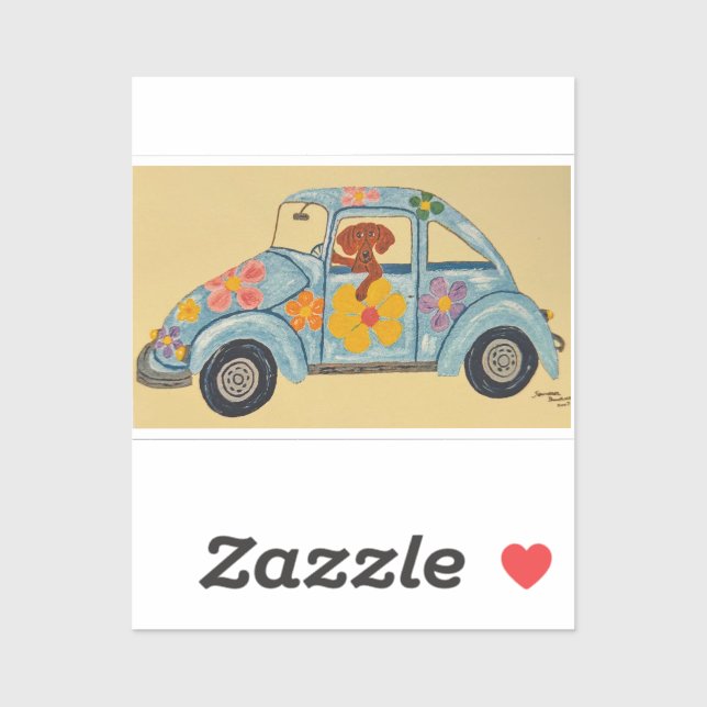 Adesivo Dachshund em carro hippie (Folha)
