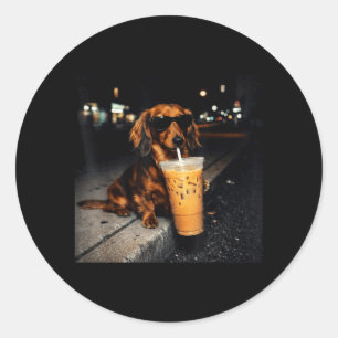 Adesivo Dachshund Engraçado Bebendo Café Gelado Meme de Ca