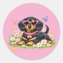 Adesivo Dachshund Fofo na Primavera em Campos de Flores