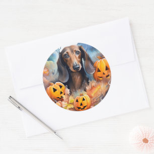 Adesivo Dachshund Halloween Com Pumpkins Assustado