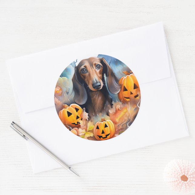 Adesivo Dachshund Halloween Com Pumpkins Assustado (Envelope)
