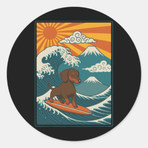 Adesivo Dachshund Surfando Onda Japonesa Cachorro Salsicha