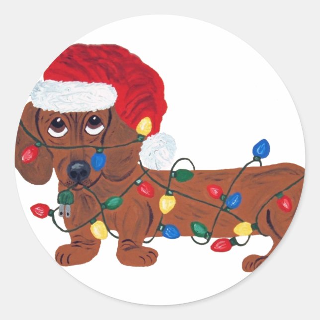 Adesivo Dachshund Tangido Em Luzes De Natal (Vermelho) (Frente)