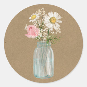 Adesivo Daisy e Rosa em Mason Jar Rustic Kraft Paper