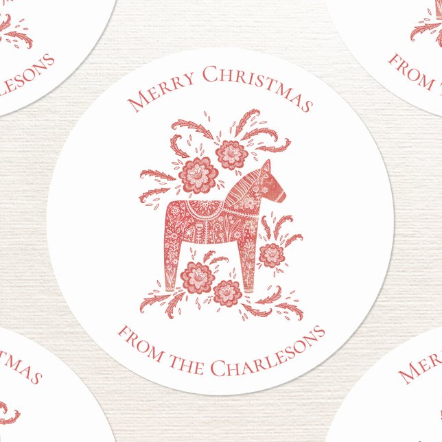 Adesivo Dala Horse Red Christmas (Swedish Dala horse red and white Merry Christmas personalized stickers)