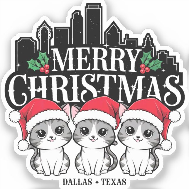 Adesivo Dallas City Texas Merry Christmas Cats USA (Frente)