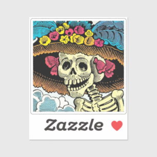 Adesivo Dama de Crânio Açucarado com Chapéu Floral ao Sol 