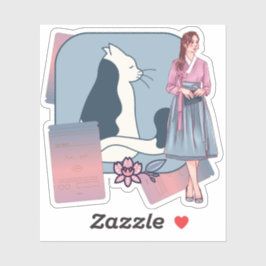 Adesivo Dama de Hanbok Coreano & Gato Minimalista