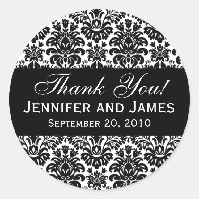 Adesivo Damasco de Casamento Negro e Branco Obrigado Rótul (Frente)