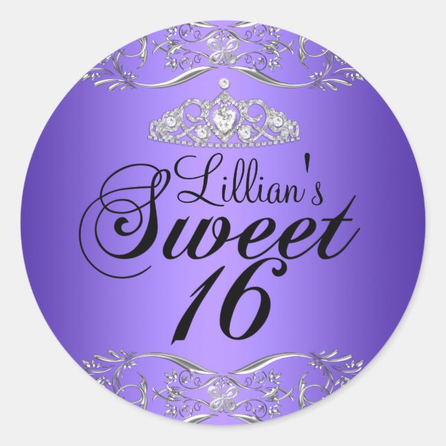 Adesivo Damasco Preto Roxo & Tiara Sweet 16 Sticker (Frente)