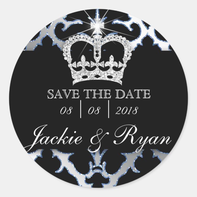 Adesivo Damask Save Date Casamento Stickers Blue Crown (Frente)