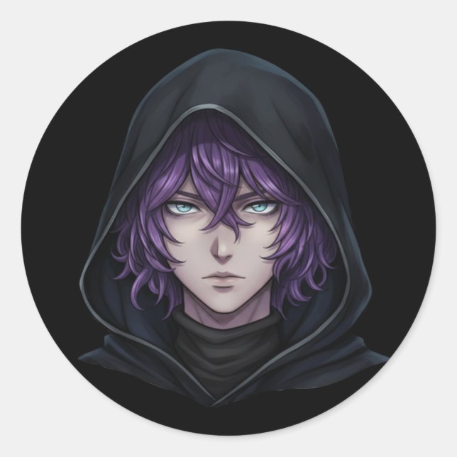 Adesivo Dark Hoodie Anime Boy with Purple Hair (Frente)
