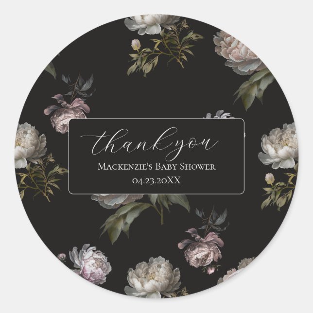 Adesivo Dark Peony Baby Shower Thank You Sticker (Frente)