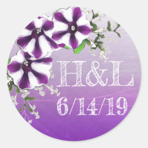 Adesivo Data do Casamento e Inicial Floral Roxo Petúnia