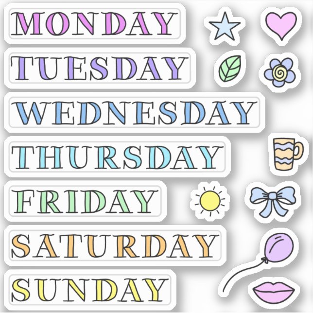 Adesivo Days of Week and Doodles Custom Cut Stickers 4x4" (Frente)