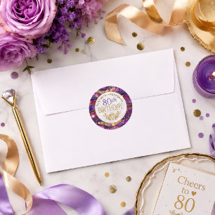Adesivo de 80º Aniversário Roxo e Dourado com Joia