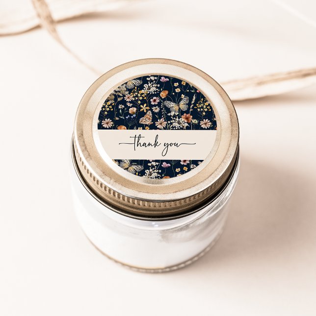 Adesivo de Agradecimento Boho Azul Marinho (Navy Blue Boho Floral Thank You Sticker by Painted Paperie
)