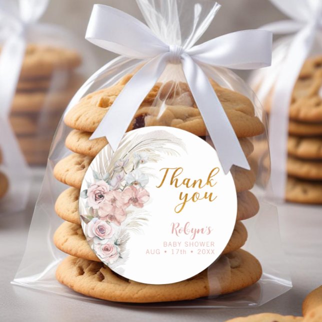 Adesivo de Agradecimento Boho Pampas Chá de Bebê (Baby Shower Favor Sticker)