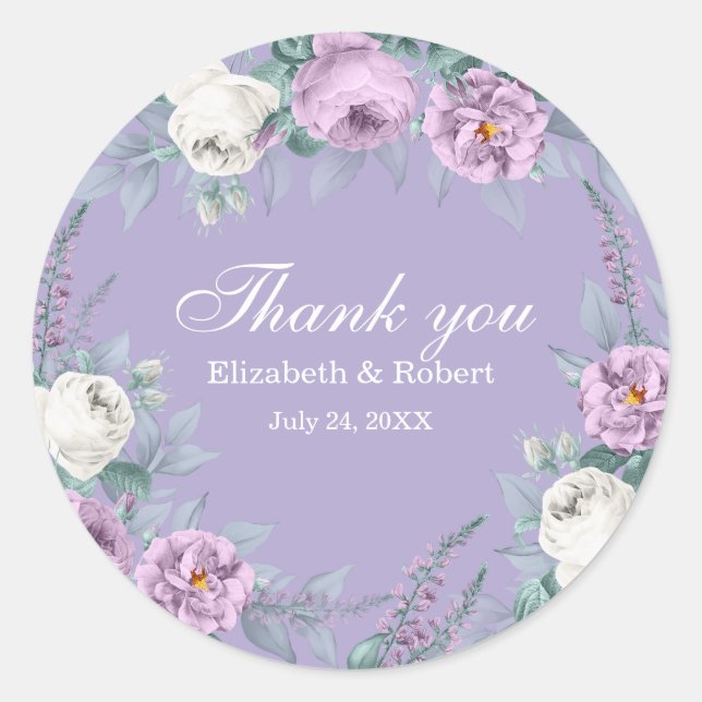 Adesivo de Agradecimento de Casamento Flor Roxa La (Frente)