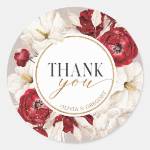 Adesivo de agradecimento floral branco e rubi verm