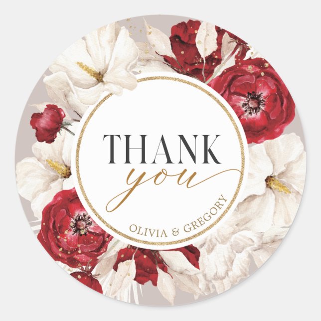 Adesivo de agradecimento floral branco e rubi verm (Frente)