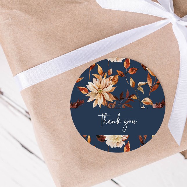 Adesivo de Agradecimento Preto de Outono (Navy Blue Fall Watercolor Floral Thank You Sticker by Painted Paperie
)
