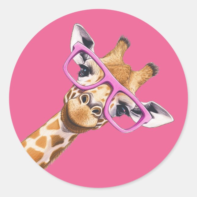 Adesivo de Animal Fofo Girafa com Óculos Rosa (Frente)