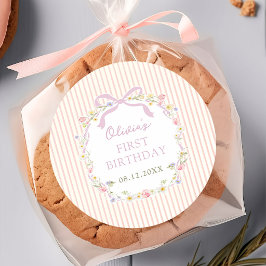 Adesivo de aniversário de listras florais com laço