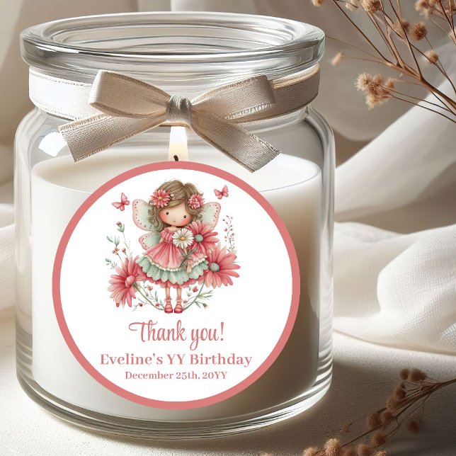 Adesivo de Aniversário de Menina Flores Cor-de-Ros (Cute Whimsy Fairy Pink Flowers Girl Birthday Stickers)