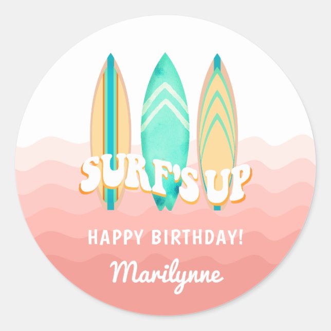 Adesivo de aniversário de prancha de surfe rosa (Frente)