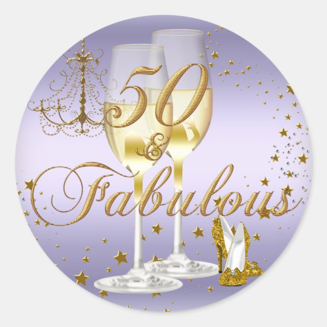 Adesivo de Aniversário Faísca Ouro Roxo 50 & Fabul (Frente)