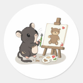 Adesivo de Artista de Rato Fofo Pintando um Urso d