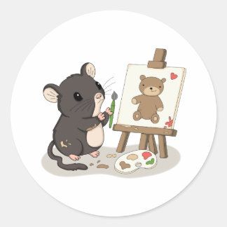 Adesivo de Artista de Rato Fofo Pintando um Urso d