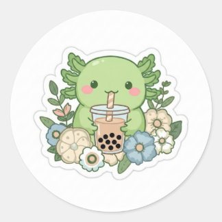 Adesivo de Axolote Verde Kawaii Bebendo Chá de Bob
