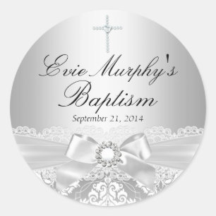 Adesivo de Batismo com Damasco Prata e Laço Bonito