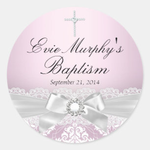 Adesivo de Batismo Rosa Bonito Prata e Damasco & L