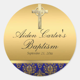 Adesivo de Batismo Royal Blue Damask & Cruz