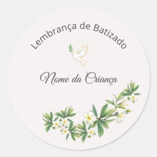 Adesivo de Batizado Floral com Pomba Personalizado