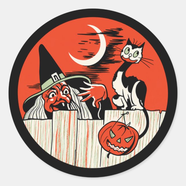 Adesivo de Bruxa e Gato de Halloween Vintage (Frente)