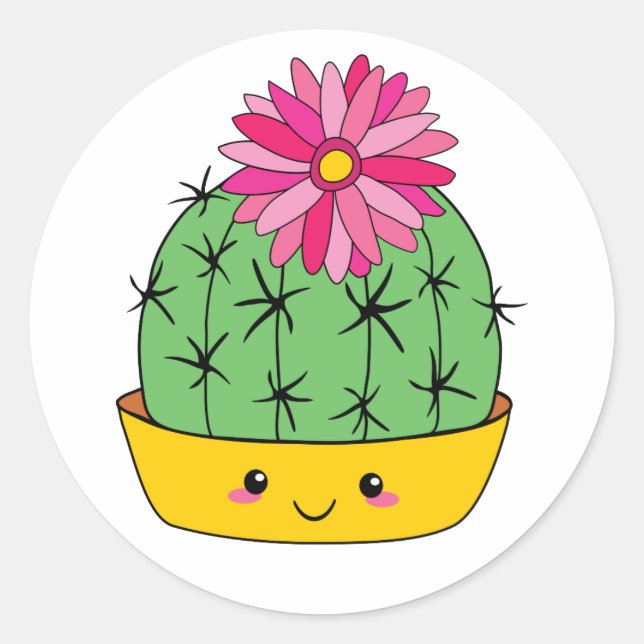 Adesivo de Cacto de Desenho Kawaii com Rosto Sorri (Frente)